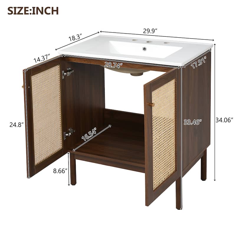 30" Handwoven Bamboo Door Bathroom Vanity with Soft-Close MDF Cabinet