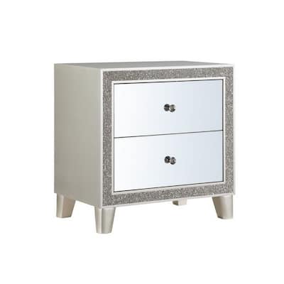 Nightstand with Mirrored Front 2 Drawers, Champagne Silver