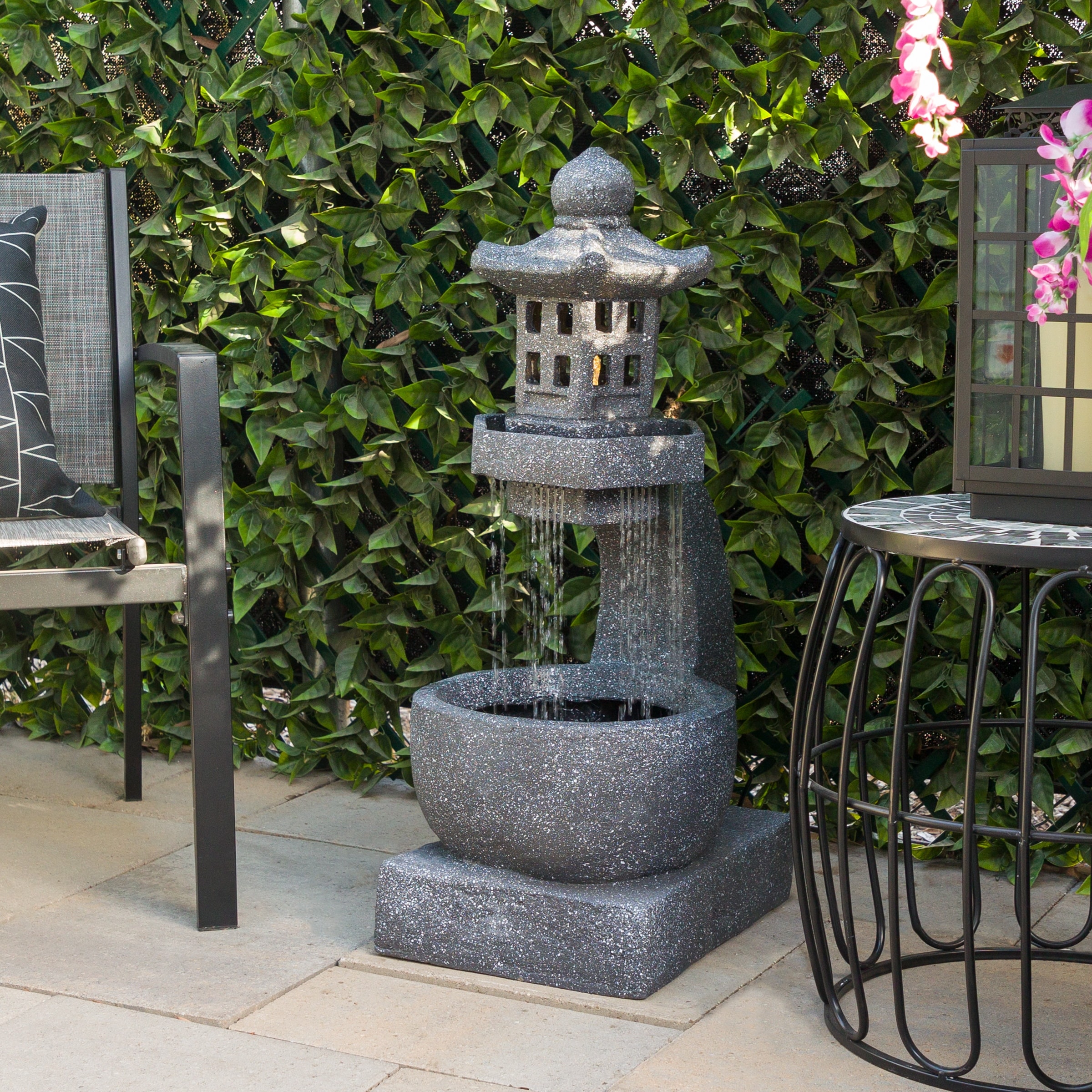 Alpine Corporation 31" Outdoor Zen Pagoda Water Fountain with LED Lights & Illuminated Stone Bowl, Gray