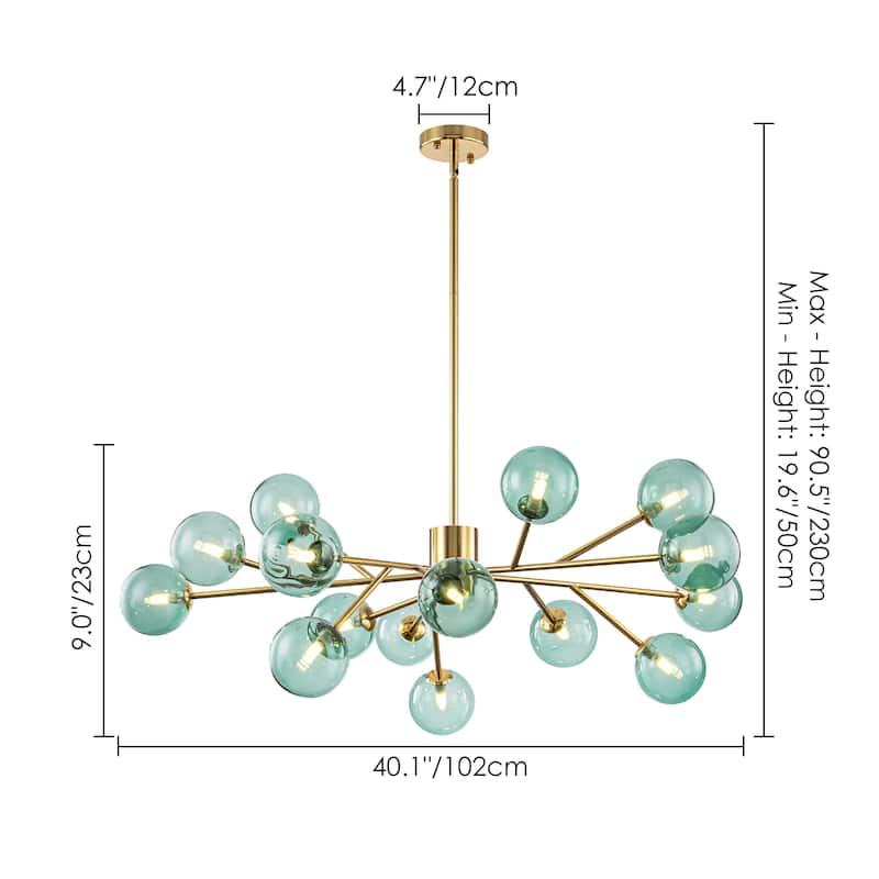 15-Light Modern Glam Linear Sputnik Green Glass Globe Bubble Chandelier for Living Room