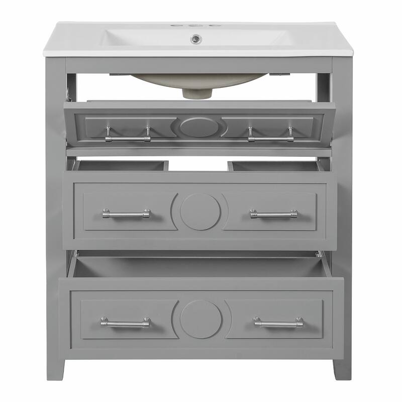 30'' Free Standing Bathroom Vanity Set with Ceramic Sink, 3 Drawers & Solid Wood Frame