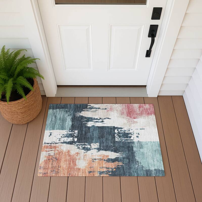 Machine Washable Indoor/ Outdoor Contemporary Fusion Chantille Rug - Teal - 1'8" x 2'6"
