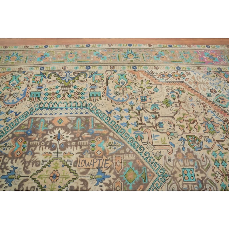 Hand Knotted Oriental 100% Wool Carpet Traditional Floral Beige & Ivories Tabriz Area Rug - 11' 5'' X 8' 2''