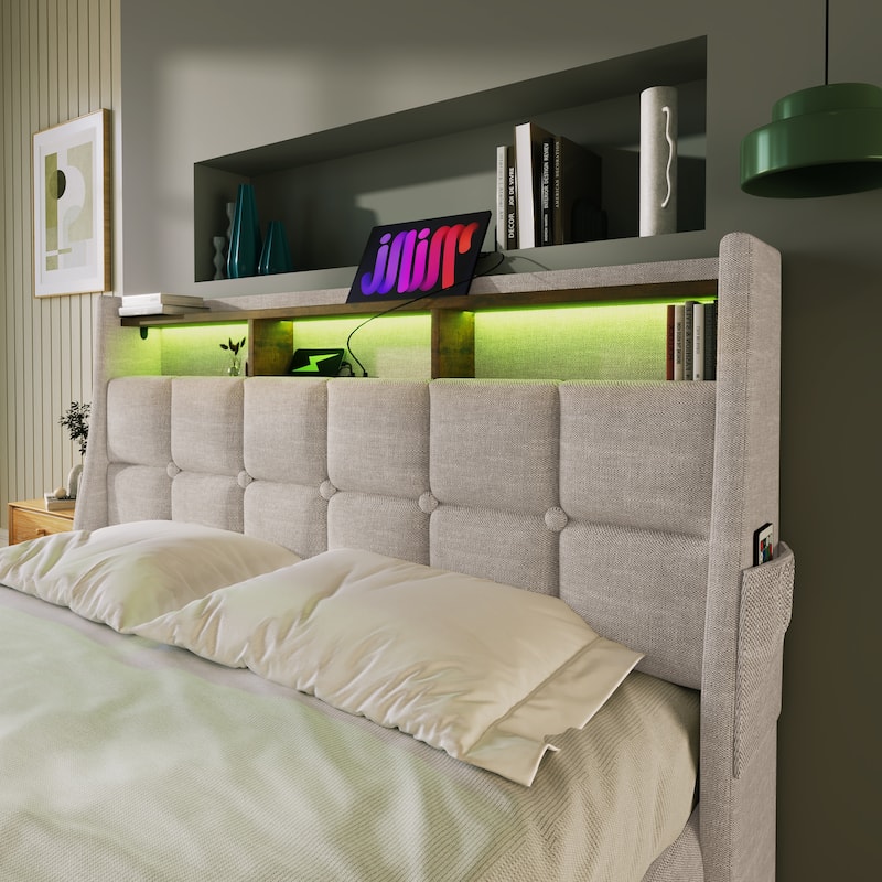 Full size Upholstered Platform Bed Hydraulic Storage System, LED USB Charging, Grey (without mattress)