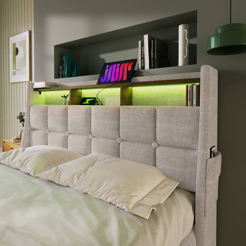 Natural Full Size Upholstered Platform Bed with Hydraulic Storage System, LED and USB Charging