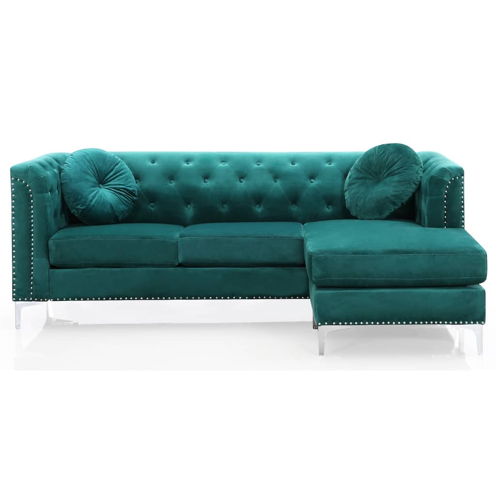 Nailhead Trim Tufted Velvet Sectional Sofa with Throw Pillows - 83" - Green