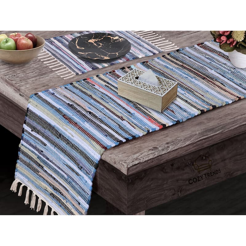 Handmade 100% Natural Cotton Chindi Tabletop Reversible & Washable, Table Runner | 15"x72" - 15''x72'' - Multi