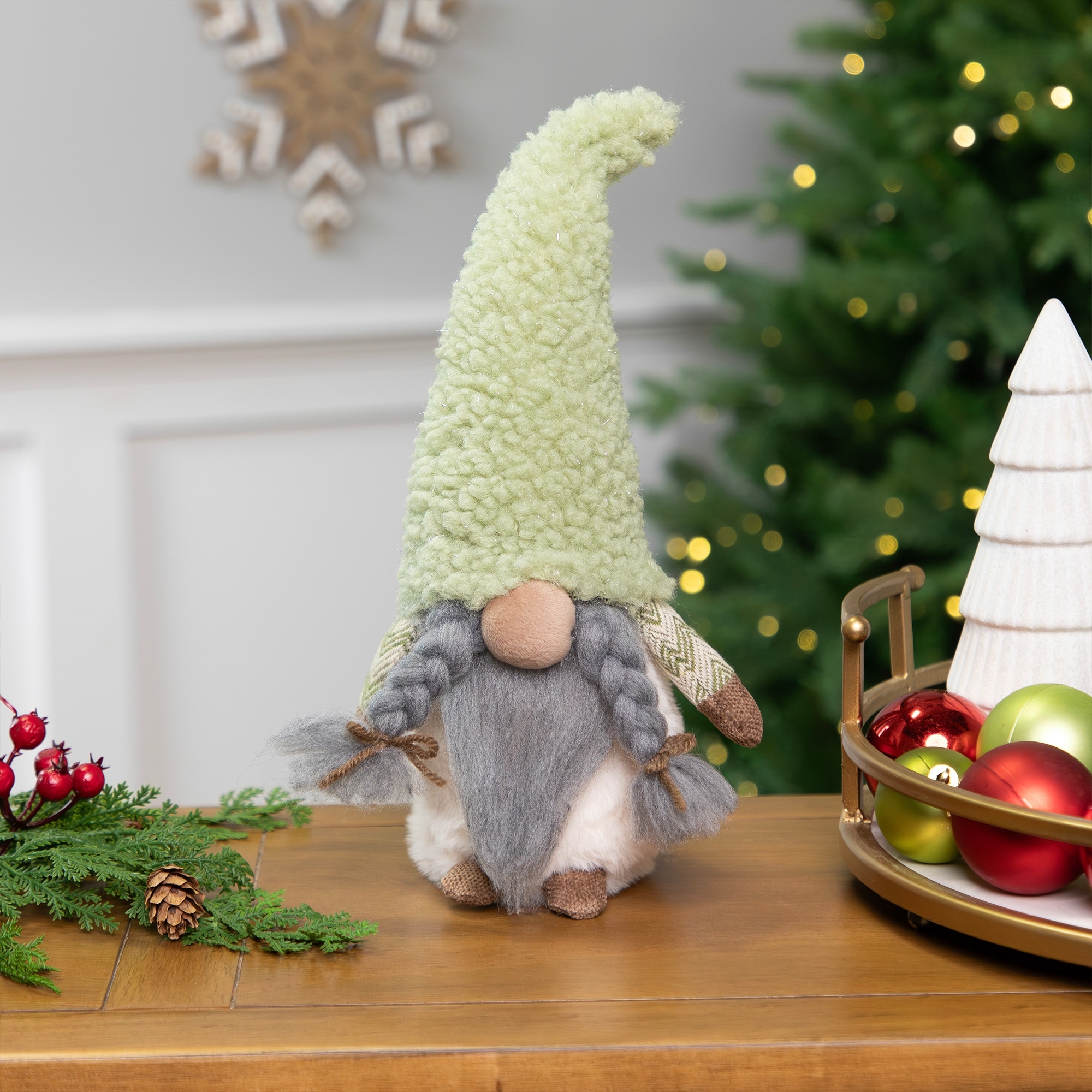Gnome Girl in Faux Fur Hat Christmas Figure - 12" - Green