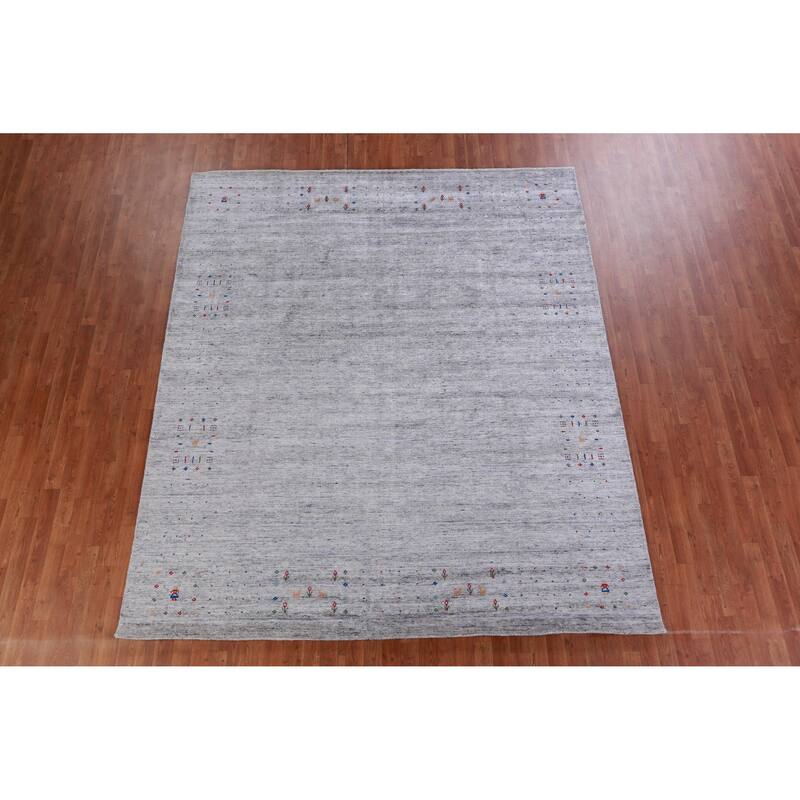 Hand Knotted Oriental Viscose Silk Carpet Tribal Stripe Greys & Charcoal Gabbeh Area Rug - 9' 8'' X 8' 2''