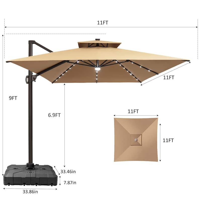 11X11 FT Outdoor Patio Cantilever Umbrella Solar LED Lighted with Wheel Base
