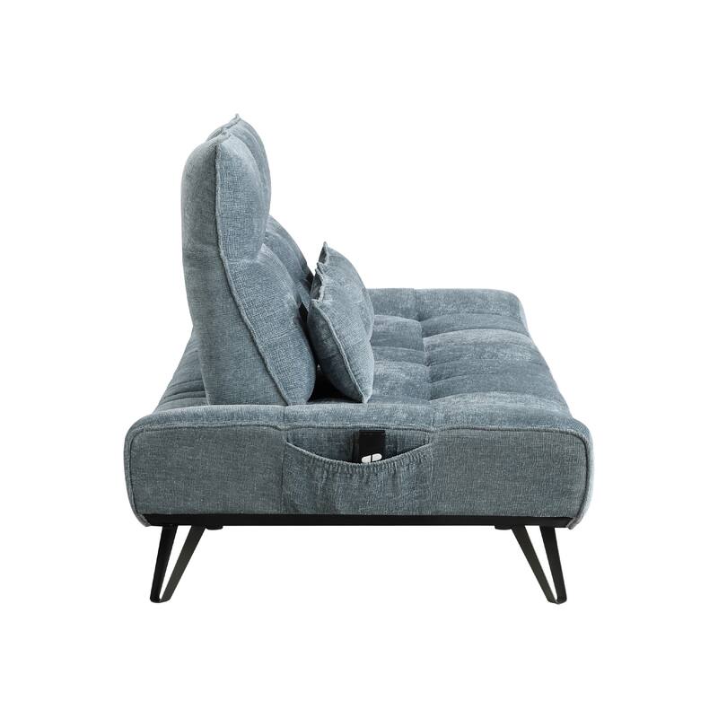Kyan Adjustable Depth Power Reclining Sofa, 2 Pillows, Blue Chenille