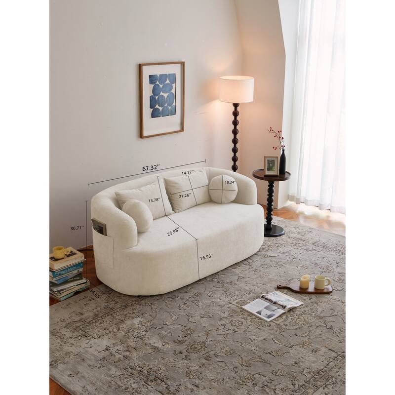 Chenille Loveseat with Round Armrests, Memory Foam 2-Seater Couch with 4 Throw Pillows, Deep Seat Sofa for Living Room