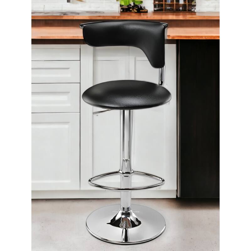 Black And Silver Faux Leather And Metal Low Back Adjustable Height Bar Chair - Black