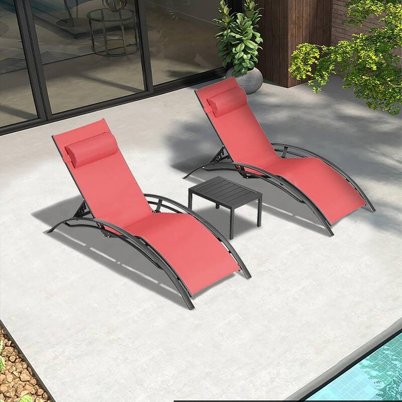 PURPLE LEAF Patio Chaise Lounge Set Outdoor Beach Pool Sunbathing Lawn Lounger Recliner Chair Side Table Included - Coral Red