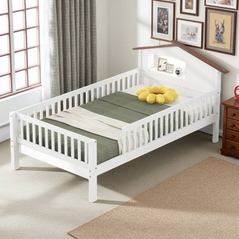 Twin Size Platform Bed with LED-Lit House Headboard, Built-in Storage Nook and Guardrails - Twin White - Twin