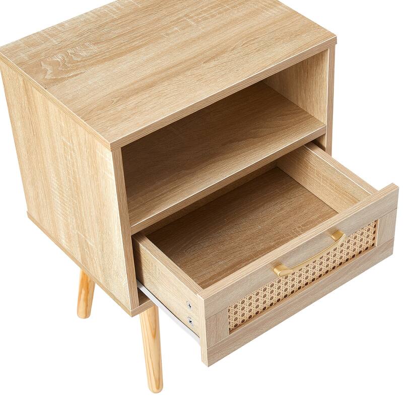 15.75" Rattan End table with drawer and solid wood legs, Modern nightstand, side table
