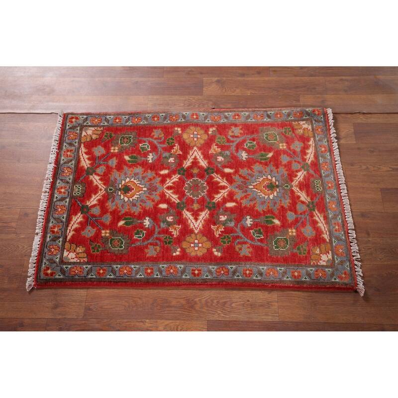 Hand Knotted Oriental 100% Wool Carpet Traditional Floral Red Kazak Area Rug - 3' 1'' X 2' 1''