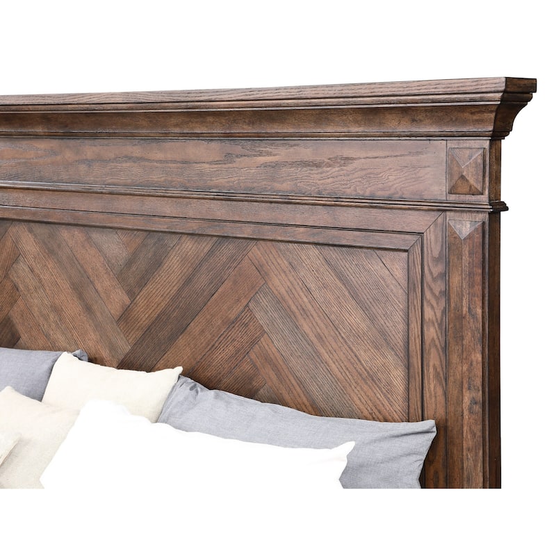 Marv King Size Bed, Parquet Pattern, Traditional Style, Brushed Brown Wood