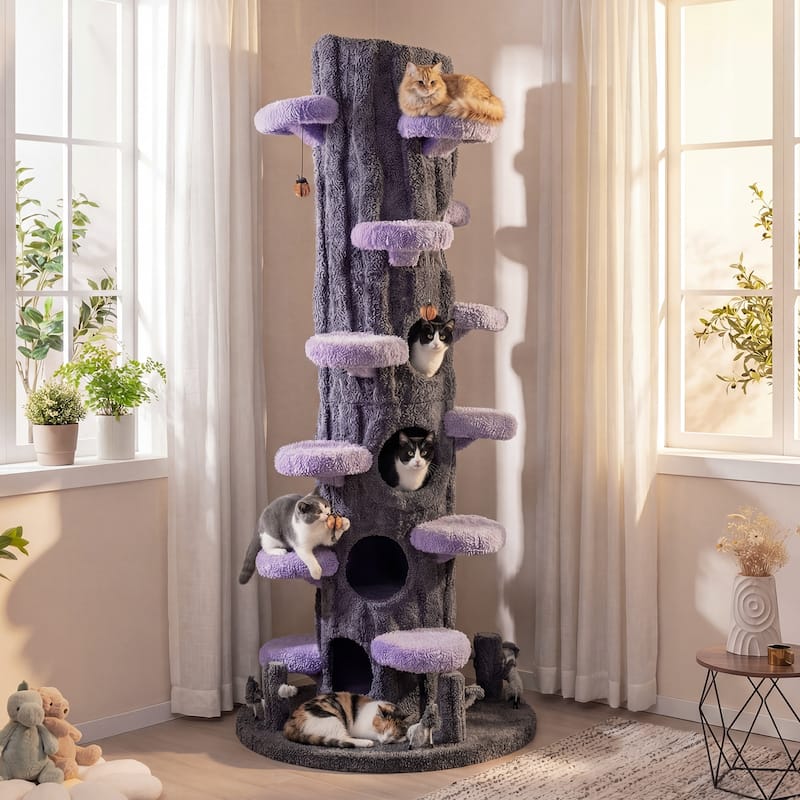 Gymax 90.5'' Multifunctional Cat Tree w/Private Condos Sisal Covered - Gray, Purple