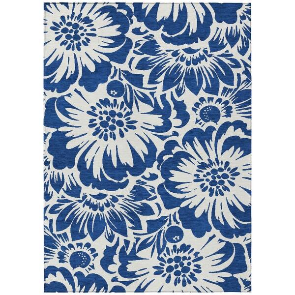 5' X 8' Blue And Ivory Floral Indoor Outdoor Area Rug