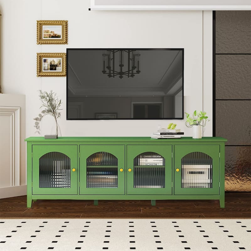 70.8"Modern Wood Large TV Stand Cabinet with 4 Doors, Glass Doors - 70.87L x 17.72W x 24.02Hinches - Green