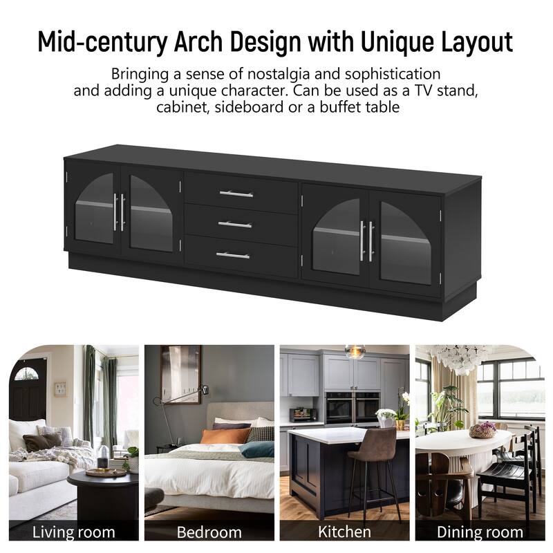 68.9"Elegant Arched Glass TV Stand with Adjustable Shelves and 3 Drawers