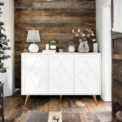 3-Door Storage Cabinet, Sideboard with Adjustable Shelf, Kitchen Cabinet with Diamond-Shaped Decoration Door