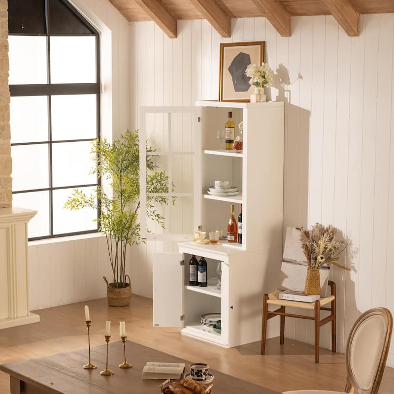 75.25'' Tall Display Cabinet with Single Tempered Glass Door, China Cabinet Hutch Cabinet with Double-Action LH & RH Door