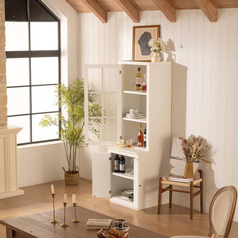 75.25'' Tall Freestanding Pantry Cabinet with Glass Door & Lattice Window, Farmhouse Display Cabinets with Storage
