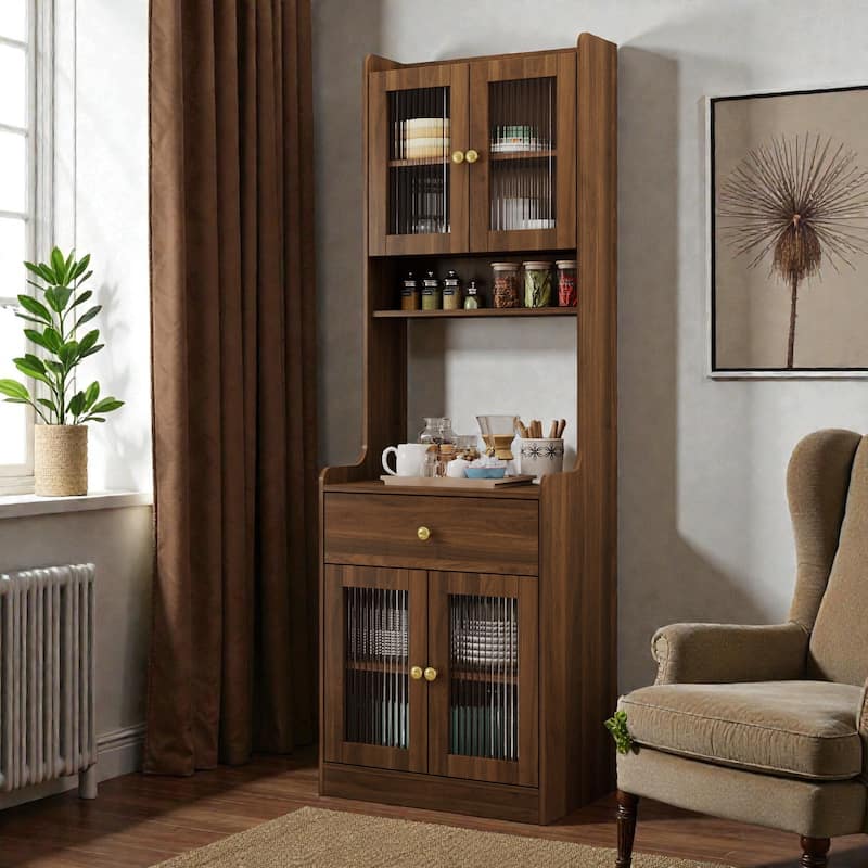 Farmhouse Kitchen Pantry Hutch with Microwave Stand, Freestanding Buffet Sideboard & Coffee Bar Cabinet with Storage