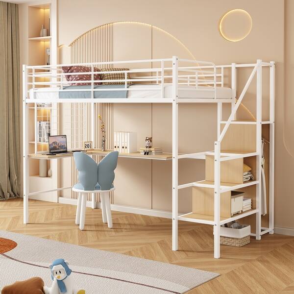 slide 2 of 17, Twin Size Metal Loft Bed with L-Shaped Desk, Storage Wardrobe, Sturdy Ladder Shelves, Guardrails & Metal Grid White