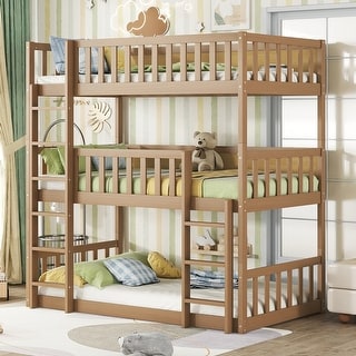 Space-saving Design Wood Bunk Bed with Ladders, Guardrails and Detachable Bunk Bed, Oak