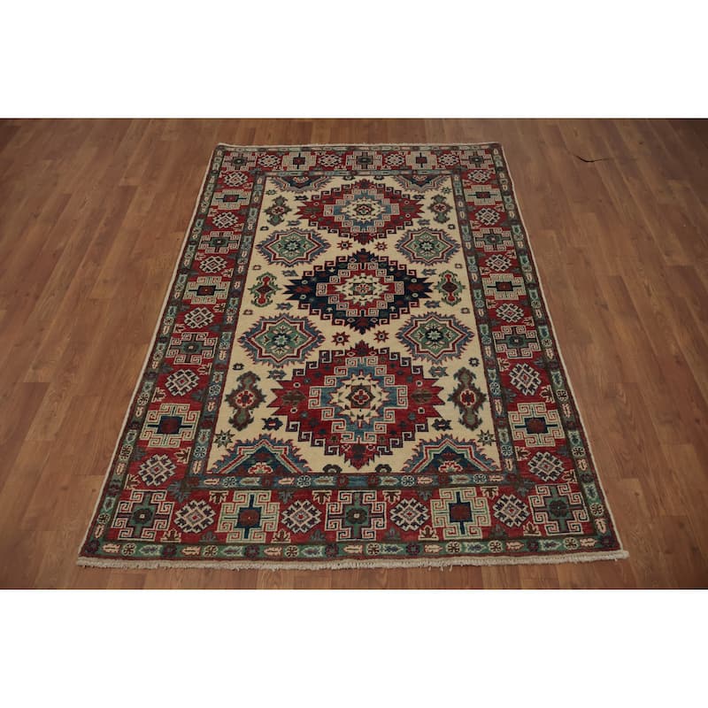 Hand Knotted Oriental 100% Wool Carpet Traditional Geometric Beige & Ivories Kazak Area Rug - 5' 11'' X 4' 1''