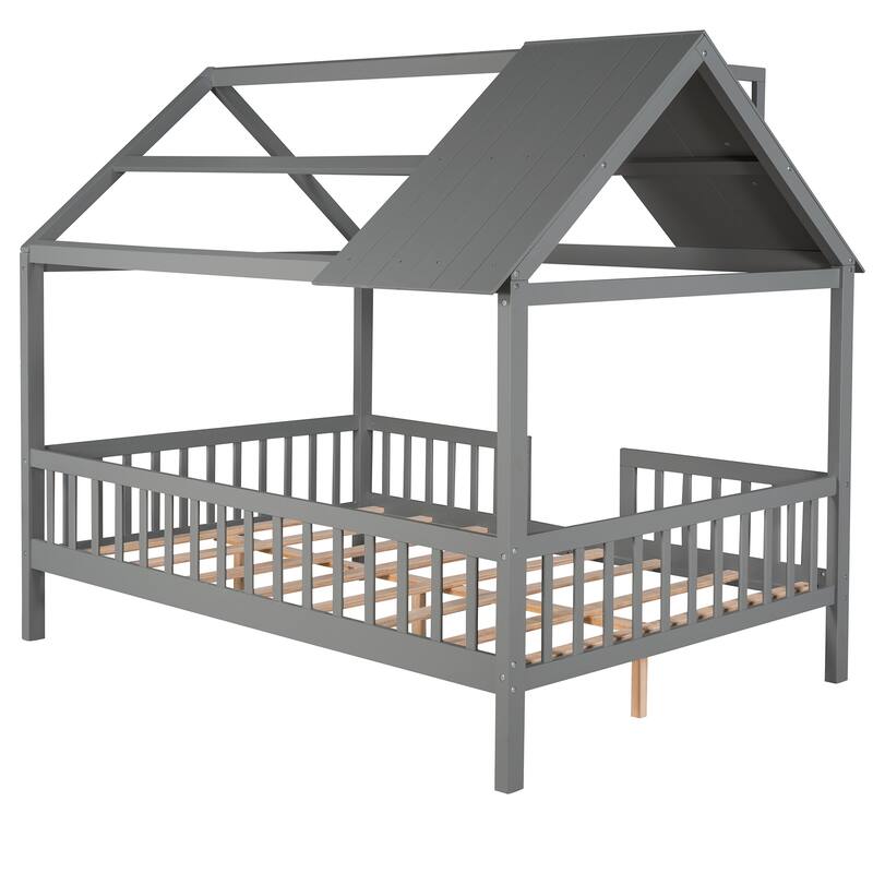 Pine House Platform Bed with Roof and Fence