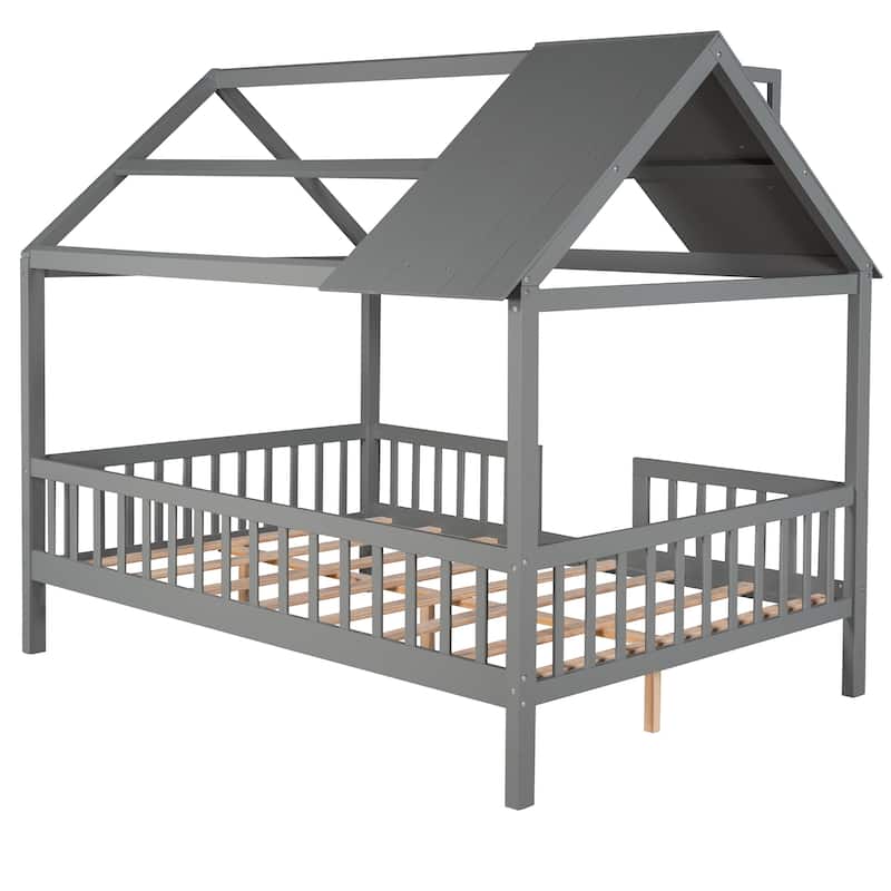 Wood House Bed with Fence