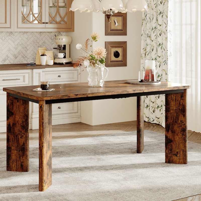 Rectangular Dining Table for 4-8 People, Wood Kitchen Table with Angled Legs and Rounded Corners for Dining Room & Living Room - Brown