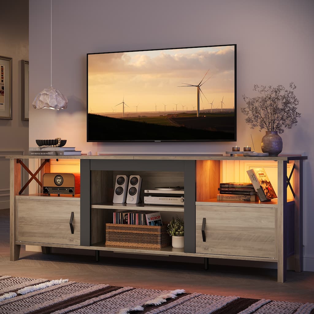 Farmhouse TV Stand for 70 Inch TV with LED Light,63" Tv Console Cabinet with Media Storage