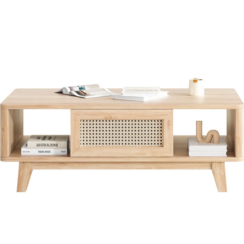 Mid Century Coffee Table with Storage, Modern Square with Rattan Drawer, Wooden Living Room Table with Solid Wood Leg