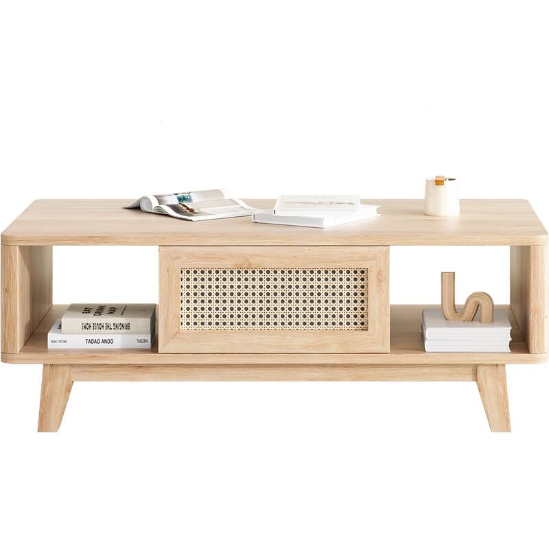 Wooden Cocktail Table Sofa Table, Coffee Table with Rattan Drawer, Modern Accent Table with Wood Legs - Natural