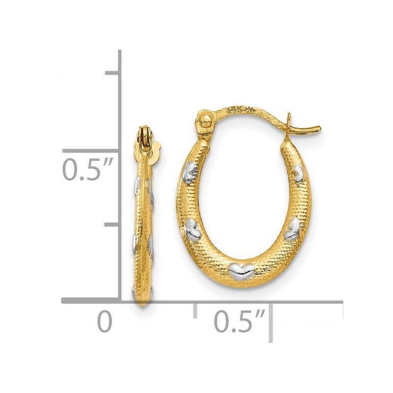 Curata 14k Yellow Gold and Rhodium 2x17mm Textured Oval With Hearts Hoop Earrings