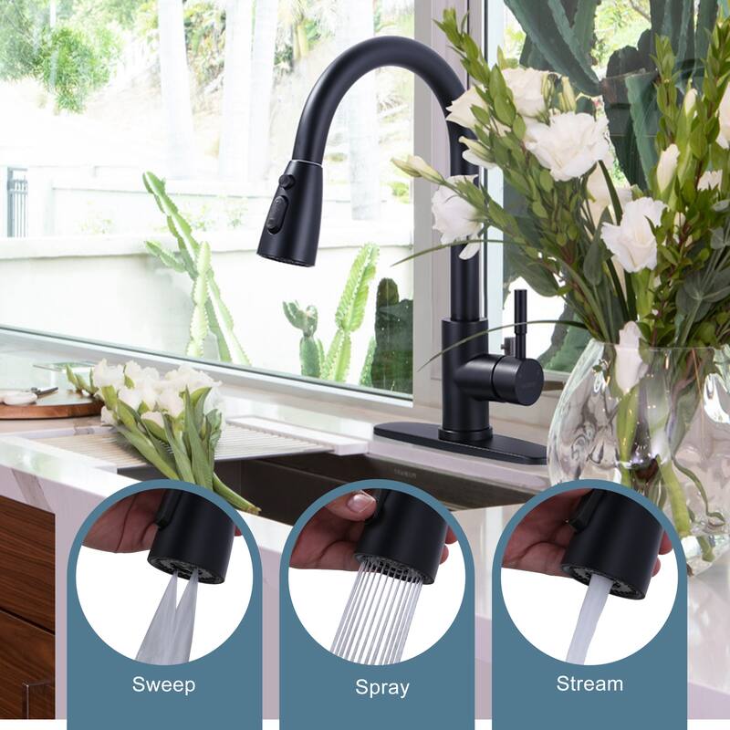 WOWOW 3-Function Pull down Sprayer Kitchen Faucet with Deckplate