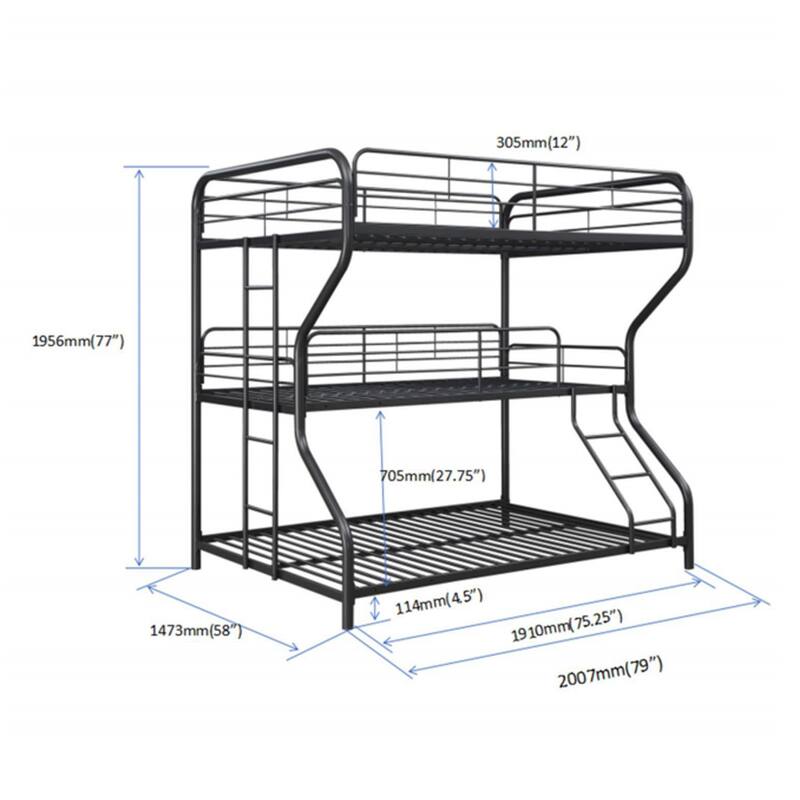 Modern Triple Bunk Bed, FULL/Twin/FULL, Black SpaceSaving Design