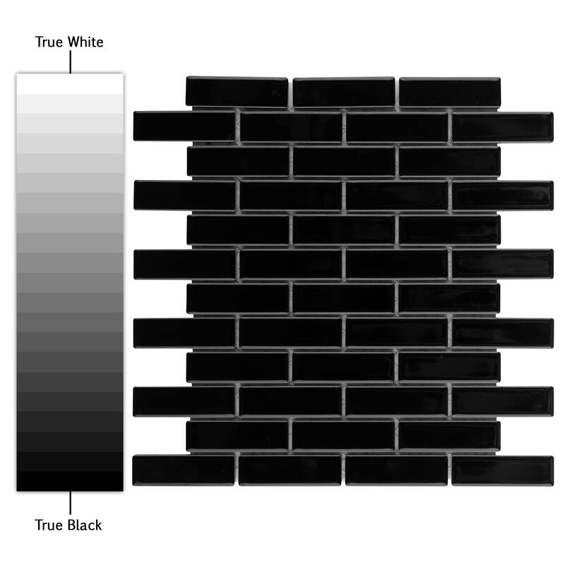 Merola Tile Metro Brick Subway Glossy Black 11-1/2" x 11-3/4" Porcelain Mosaic Floor and Wall Tile