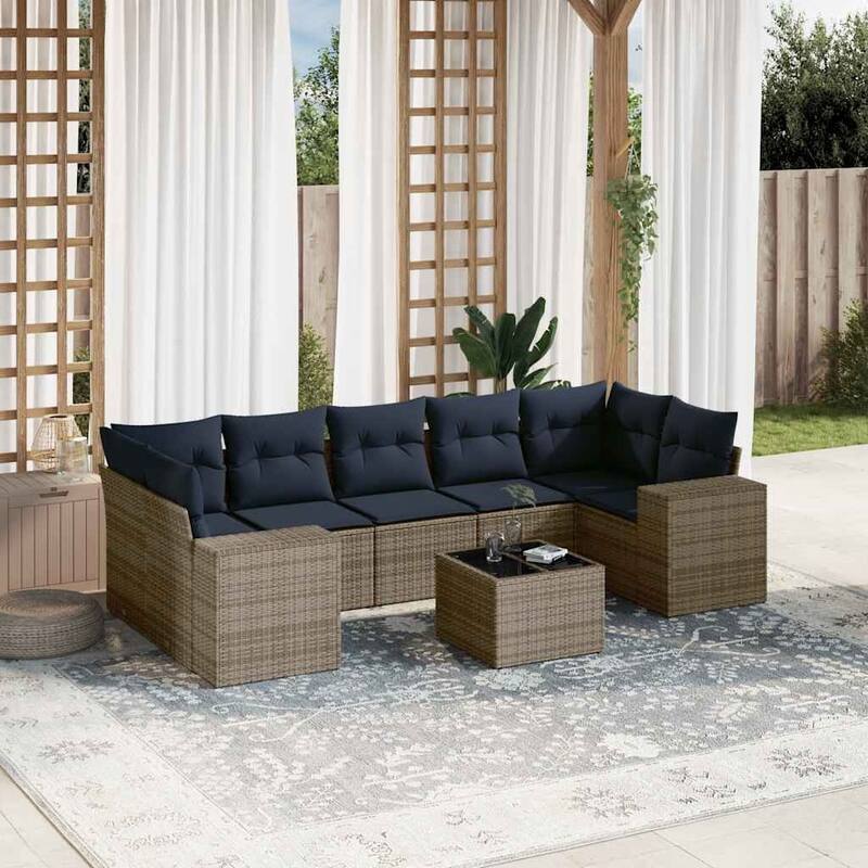 vidaXL 8 Piece Patio Sofa Set with Cushions Black Poly Rattan - 24.4" x 24.4" x 27.2" - Grey and blue