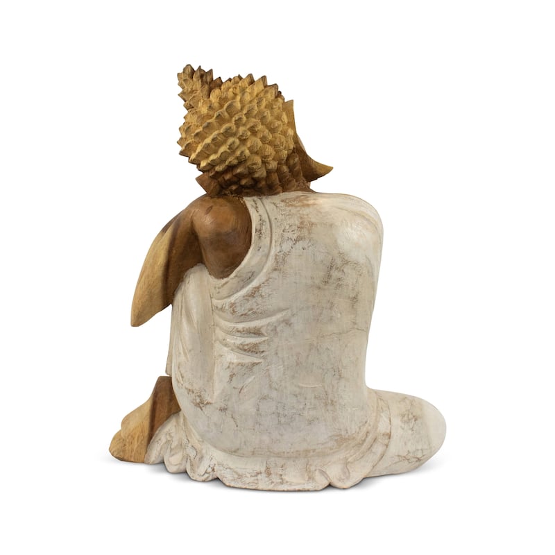 Wood Sleeping Buddha Statue Hand Carved Whitewashed Sculpture, Peaceful Zen Decor