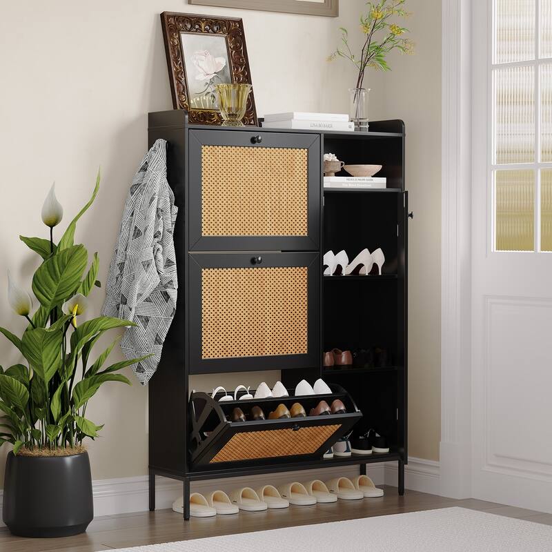 Rattan Shoe Cabinet with 3 Flip Drawers and 4-Tier - Black
