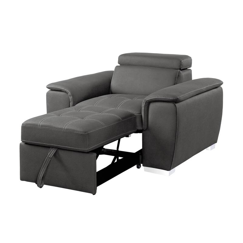 Rida 45 Inch Chair, Pull Out Ottoman, Adjustable Headrest, Solid Wood, Gray
