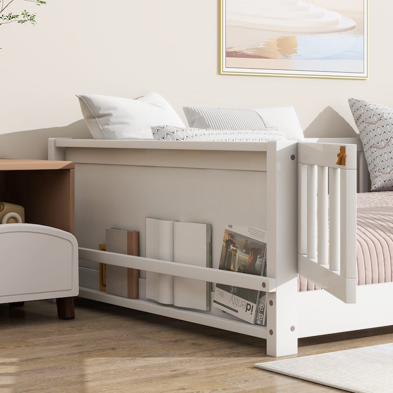 Twin Floor Bed with Built-in Bookcase and Safety Door Rubber Wood Low Profile