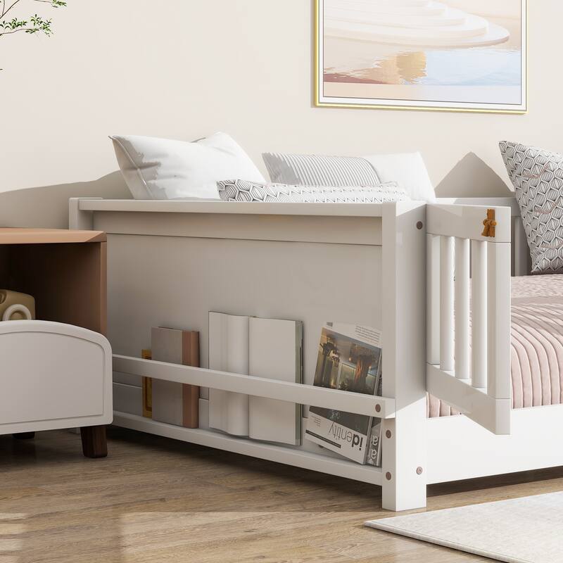 Twin Size Floor Bed with Built-in Book Rack and Safety Door, White