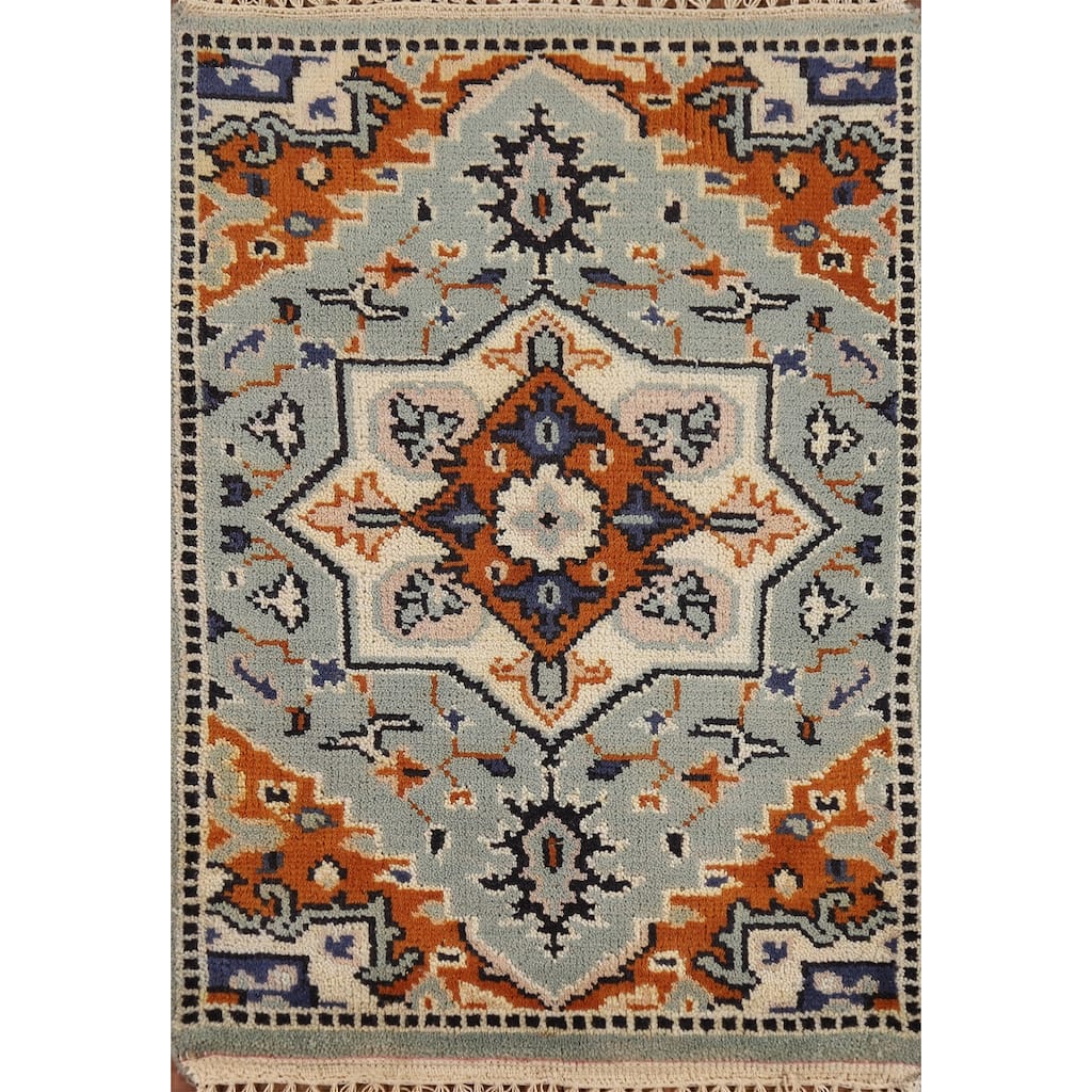 Geometric Kazak Indian Accent Rug Handmade Green Oriental Wool Carpet - 2'0" x 3'0"